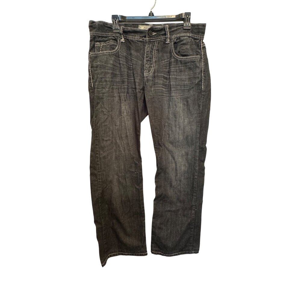 Justin BKE Denim Mens Black Jeans 33R Straight Fit Heavy Stitching Distressed Lo